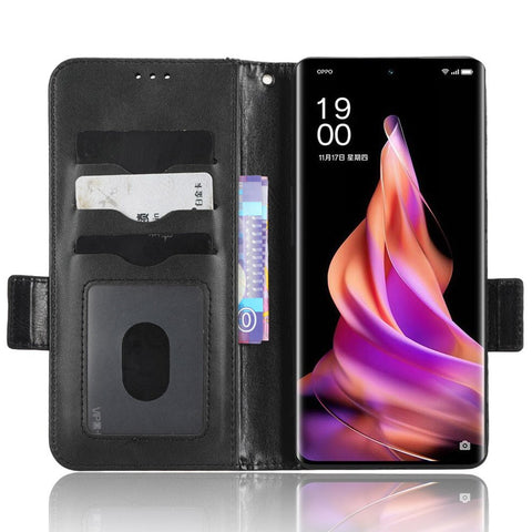 For Oppo Reno9 Pro+ 5G Imprinted Triangle Pattern PU Leather Protective Phone Cover Flip Wallet Stand Case with Hand Strap