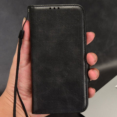 For Oppo Reno9 Pro+ 5G Imprinted Triangle Pattern PU Leather Protective Phone Cover Flip Wallet Stand Case with Hand Strap