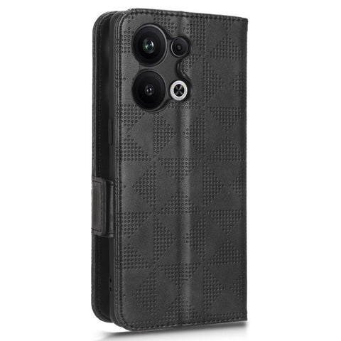 For Oppo Reno9 Pro+ 5G Imprinted Triangle Pattern PU Leather Protective Phone Cover Flip Wallet Stand Case with Hand Strap