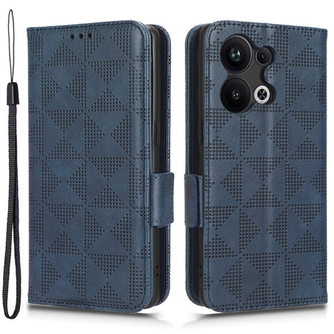 For Oppo Reno9 Pro+ 5G Imprinted Triangle Pattern PU Leather Protective Phone Cover Flip Wallet Stand Case with Hand Strap