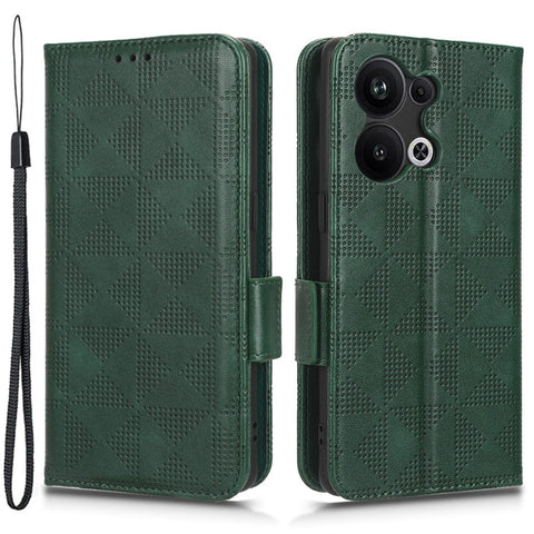 For Oppo Reno9 Pro+ 5G Imprinted Triangle Pattern PU Leather Protective Phone Cover Flip Wallet Stand Case with Hand Strap