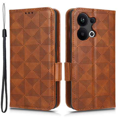For Oppo Reno9 Pro+ 5G Imprinted Triangle Pattern PU Leather Protective Phone Cover Flip Wallet Stand Case with Hand Strap