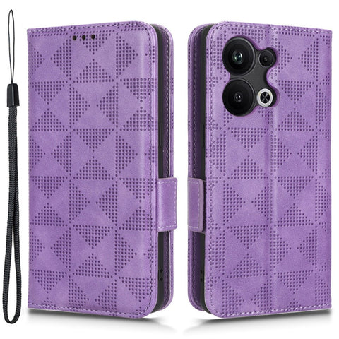 For Oppo Reno9 Pro+ 5G Imprinted Triangle Pattern PU Leather Protective Phone Cover Flip Wallet Stand Case with Hand Strap