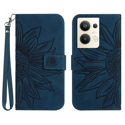 Sunflower Imprinted Phone Case For Oppo Reno9 Pro+ 5G, HT04 Anti-fall Skin-Touch Flip Phone Wallet Cover Stand with Hand Strap