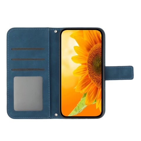Sunflower Imprinted Phone Case For Oppo Reno9 Pro+ 5G, HT04 Anti-fall Skin-Touch Flip Phone Wallet Cover Stand with Hand Strap