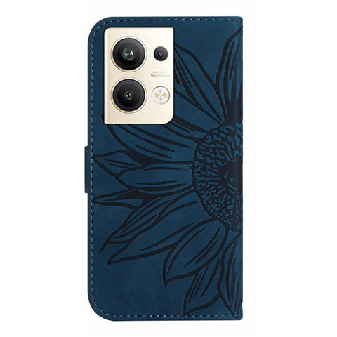 Sunflower Imprinted Phone Case For Oppo Reno9 Pro+ 5G, HT04 Anti-fall Skin-Touch Flip Phone Wallet Cover Stand with Hand Strap