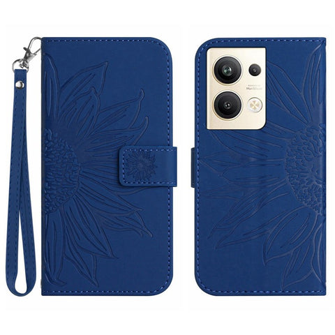 Sunflower Imprinted Phone Case For Oppo Reno9 Pro+ 5G, HT04 Anti-fall Skin-Touch Flip Phone Wallet Cover Stand with Hand Strap