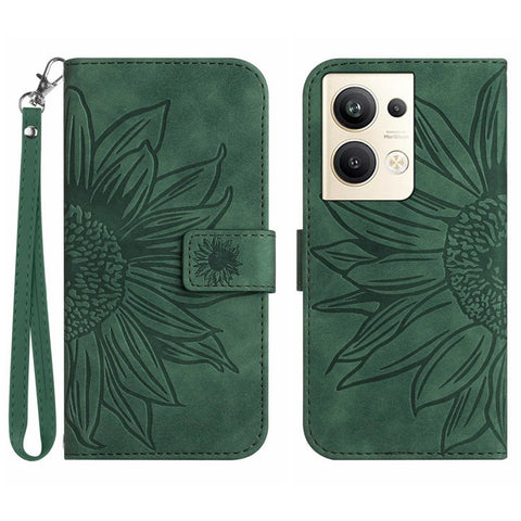 Sunflower Imprinted Phone Case For Oppo Reno9 Pro+ 5G, HT04 Anti-fall Skin-Touch Flip Phone Wallet Cover Stand with Hand Strap