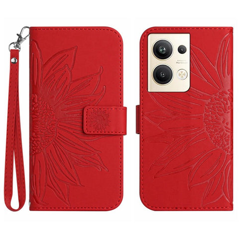 Sunflower Imprinted Phone Case For Oppo Reno9 Pro+ 5G, HT04 Anti-fall Skin-Touch Flip Phone Wallet Cover Stand with Hand Strap