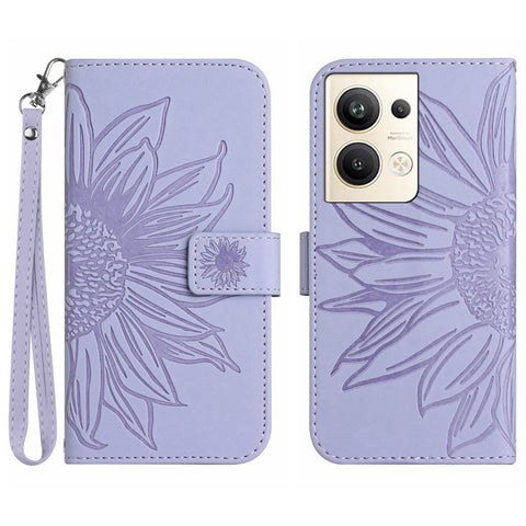 Sunflower Imprinted Phone Case For Oppo Reno9 Pro+ 5G, HT04 Anti-fall Skin-Touch Flip Phone Wallet Cover Stand with Hand Strap