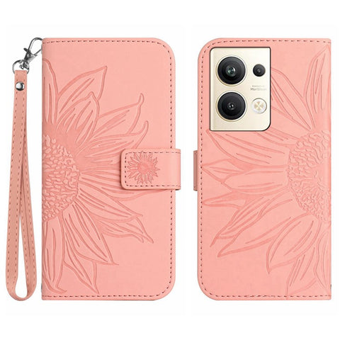 Sunflower Imprinted Phone Case For Oppo Reno9 Pro+ 5G, HT04 Anti-fall Skin-Touch Flip Phone Wallet Cover Stand with Hand Strap