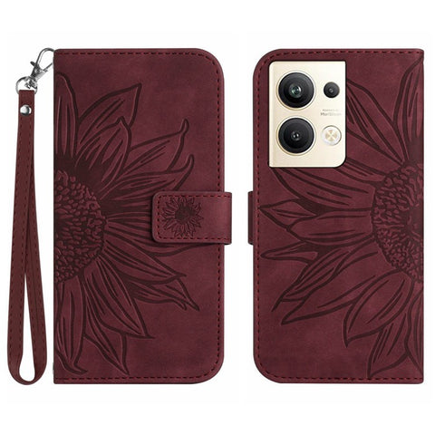 Sunflower Imprinted Phone Case For Oppo Reno9 Pro+ 5G, HT04 Anti-fall Skin-Touch Flip Phone Wallet Cover Stand with Hand Strap