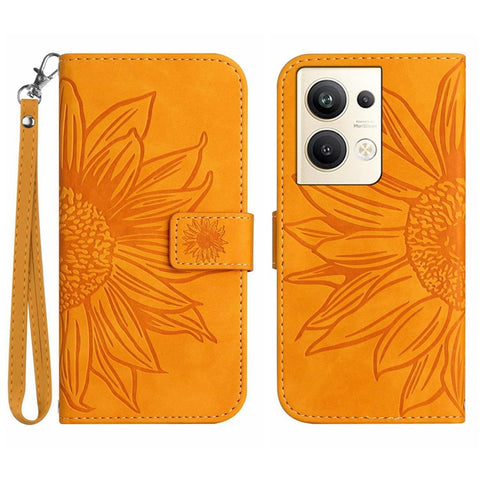 Sunflower Imprinted Phone Case For Oppo Reno9 Pro+ 5G, HT04 Anti-fall Skin-Touch Flip Phone Wallet Cover Stand with Hand Strap