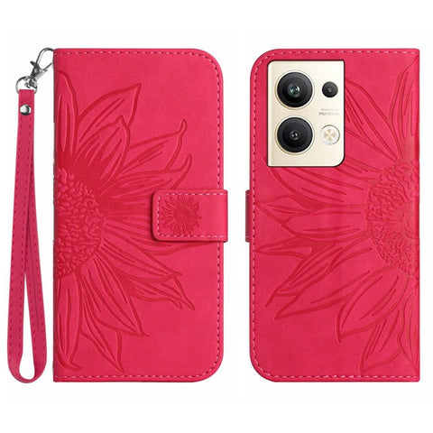 Sunflower Imprinted Phone Case For Oppo Reno9 Pro+ 5G, HT04 Anti-fall Skin-Touch Flip Phone Wallet Cover Stand with Hand Strap