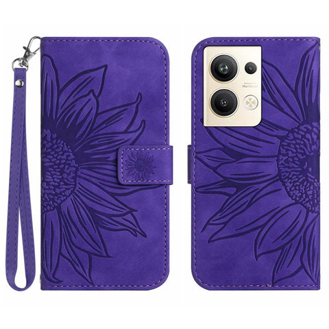 Sunflower Imprinted Phone Case For Oppo Reno9 Pro+ 5G, HT04 Anti-fall Skin-Touch Flip Phone Wallet Cover Stand with Hand Strap