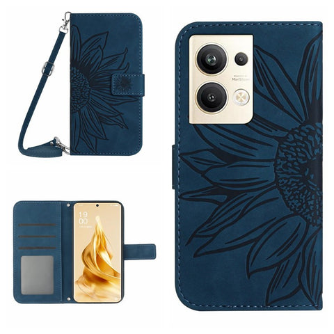 Protective Phone Cover For Oppo Reno9 Pro+ 5G, HT04 PU Leather Sunflower Imprinted Wallet Stand Skin-touch Feeling Flip Phone Case with Shoulder Strap