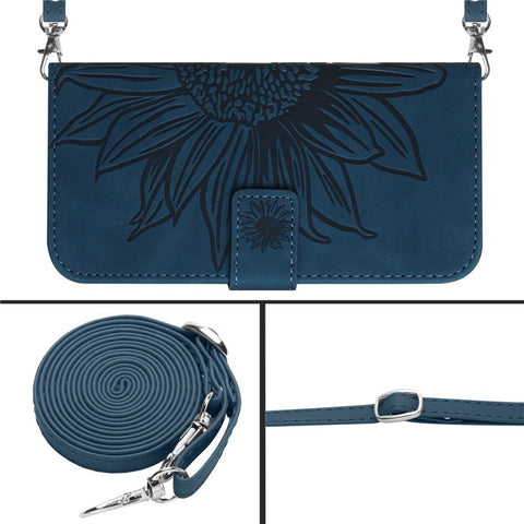 Protective Phone Cover For Oppo Reno9 Pro+ 5G, HT04 PU Leather Sunflower Imprinted Wallet Stand Skin-touch Feeling Flip Phone Case with Shoulder Strap