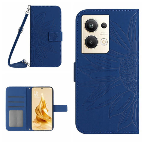 Protective Phone Cover For Oppo Reno9 Pro+ 5G, HT04 PU Leather Sunflower Imprinted Wallet Stand Skin-touch Feeling Flip Phone Case with Shoulder Strap