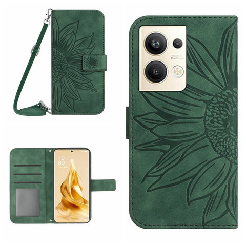 Protective Phone Cover For Oppo Reno9 Pro+ 5G, HT04 PU Leather Sunflower Imprinted Wallet Stand Skin-touch Feeling Flip Phone Case with Shoulder Strap