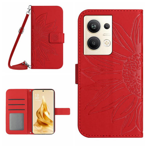 Protective Phone Cover For Oppo Reno9 Pro+ 5G, HT04 PU Leather Sunflower Imprinted Wallet Stand Skin-touch Feeling Flip Phone Case with Shoulder Strap