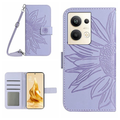 Protective Phone Cover For Oppo Reno9 Pro+ 5G, HT04 PU Leather Sunflower Imprinted Wallet Stand Skin-touch Feeling Flip Phone Case with Shoulder Strap