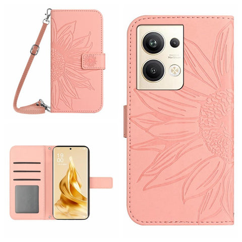 Protective Phone Cover For Oppo Reno9 Pro+ 5G, HT04 PU Leather Sunflower Imprinted Wallet Stand Skin-touch Feeling Flip Phone Case with Shoulder Strap