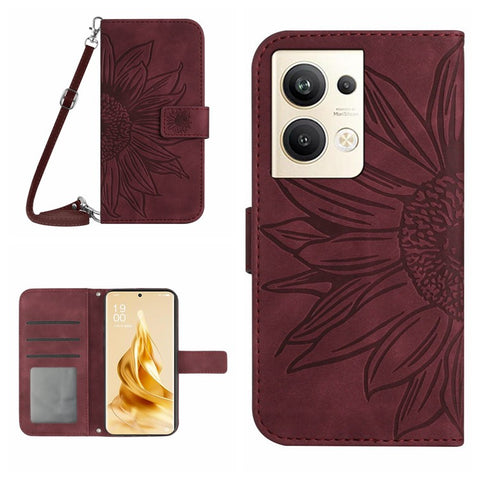 Protective Phone Cover For Oppo Reno9 Pro+ 5G, HT04 PU Leather Sunflower Imprinted Wallet Stand Skin-touch Feeling Flip Phone Case with Shoulder Strap