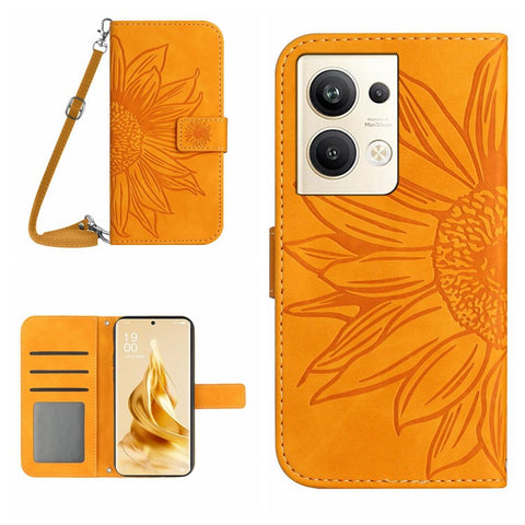 Protective Phone Cover For Oppo Reno9 Pro+ 5G, HT04 PU Leather Sunflower Imprinted Wallet Stand Skin-touch Feeling Flip Phone Case with Shoulder Strap