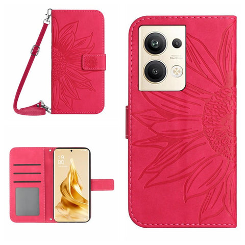 Protective Phone Cover For Oppo Reno9 Pro+ 5G, HT04 PU Leather Sunflower Imprinted Wallet Stand Skin-touch Feeling Flip Phone Case with Shoulder Strap