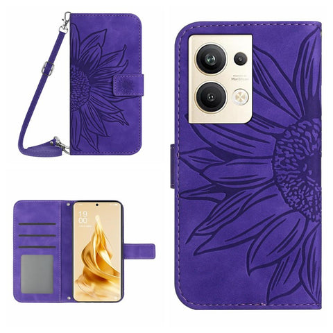 Protective Phone Cover For Oppo Reno9 Pro+ 5G, HT04 PU Leather Sunflower Imprinted Wallet Stand Skin-touch Feeling Flip Phone Case with Shoulder Strap