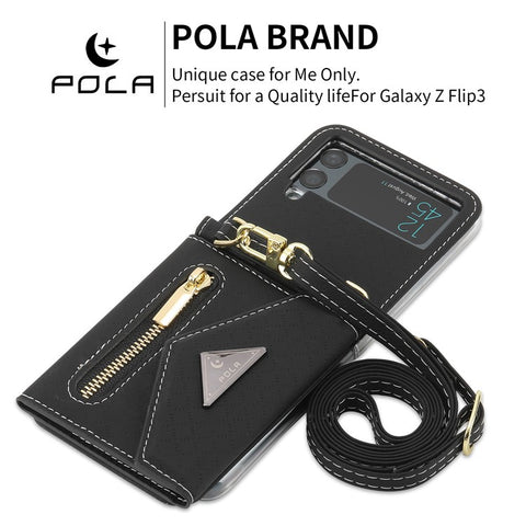 POLA 0819 Anti-fall Phone Case for Samsung Galaxy Z Flip3 5G, Zipper Pocket PU Leather Kickstand Multiple Card Slots Wallet Cover with Shoulder Strap