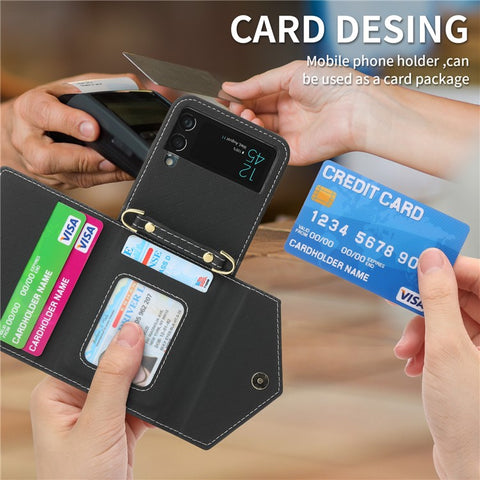 POLA 0819 Anti-fall Phone Case for Samsung Galaxy Z Flip3 5G, Zipper Pocket PU Leather Kickstand Multiple Card Slots Wallet Cover with Shoulder Strap