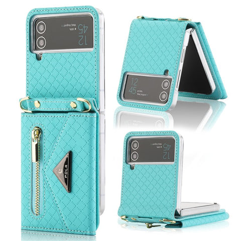 POLA 0819 Anti-fall Phone Case for Samsung Galaxy Z Flip3 5G, Zipper Pocket PU Leather Kickstand Multiple Card Slots Wallet Cover with Shoulder Strap
