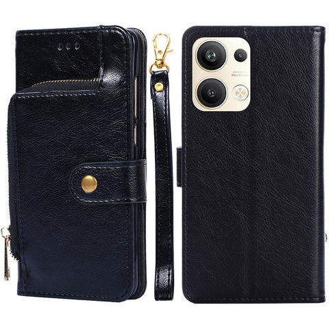 For Oppo Reno9 Pro+ 5G Zipper Pocket Wallet Phone Case PU Leather Foldable Stand Folio Flip Cover with Handy Strap