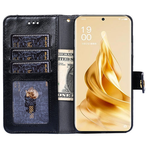 For Oppo Reno9 Pro+ 5G Zipper Pocket Wallet Phone Case PU Leather Foldable Stand Folio Flip Cover with Handy Strap