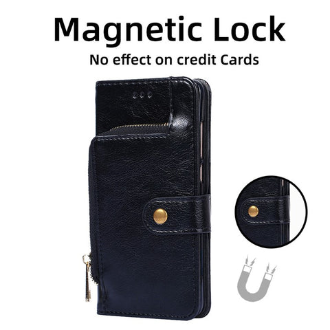 For Oppo Reno9 Pro+ 5G Zipper Pocket Wallet Phone Case PU Leather Foldable Stand Folio Flip Cover with Handy Strap