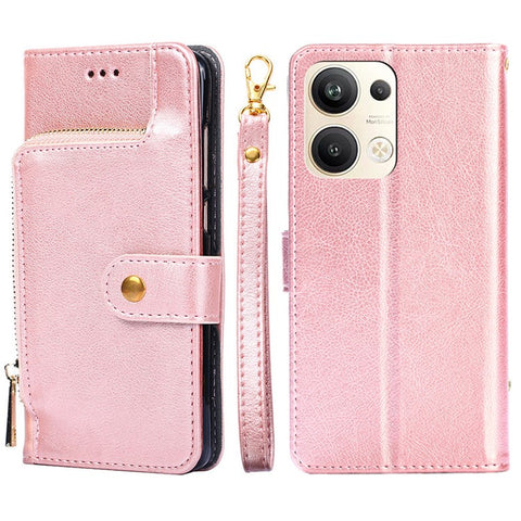 For Oppo Reno9 Pro+ 5G Zipper Pocket Wallet Phone Case PU Leather Foldable Stand Folio Flip Cover with Handy Strap