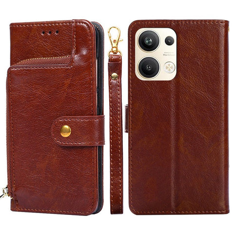 For Oppo Reno9 Pro+ 5G Zipper Pocket Wallet Phone Case PU Leather Foldable Stand Folio Flip Cover with Handy Strap