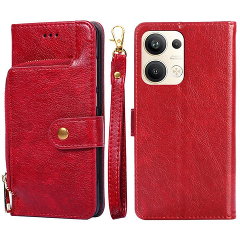 For Oppo Reno9 Pro+ 5G Zipper Pocket Wallet Phone Case PU Leather Foldable Stand Folio Flip Cover with Handy Strap