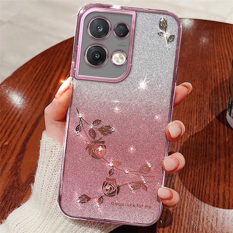 KADEM For Oppo Reno8 5G (Global Version) Rhinestone Decor Flower Pattern Phone Case Gradient Color Glitter Powder Anti-drop TPU Cover