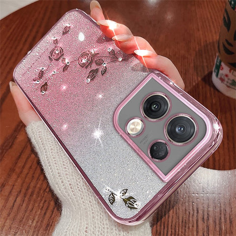 KADEM For Oppo Reno8 5G (Global Version) Rhinestone Decor Flower Pattern Phone Case Gradient Color Glitter Powder Anti-drop TPU Cover