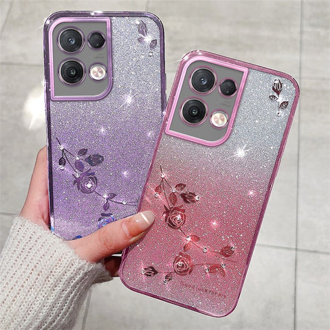 KADEM For Oppo Reno8 5G (Global Version) Rhinestone Decor Flower Pattern Phone Case Gradient Color Glitter Powder Anti-drop TPU Cover