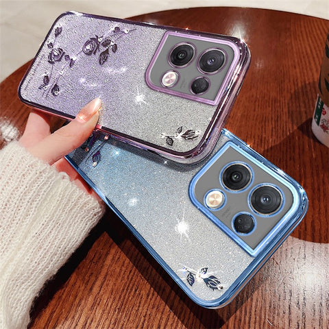 KADEM For Oppo Reno8 5G (Global Version) Rhinestone Decor Flower Pattern Phone Case Gradient Color Glitter Powder Anti-drop TPU Cover