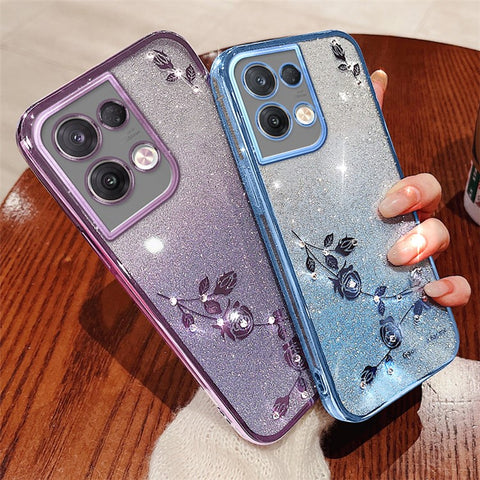 KADEM For Oppo Reno8 5G (Global Version) Rhinestone Decor Flower Pattern Phone Case Gradient Color Glitter Powder Anti-drop TPU Cover