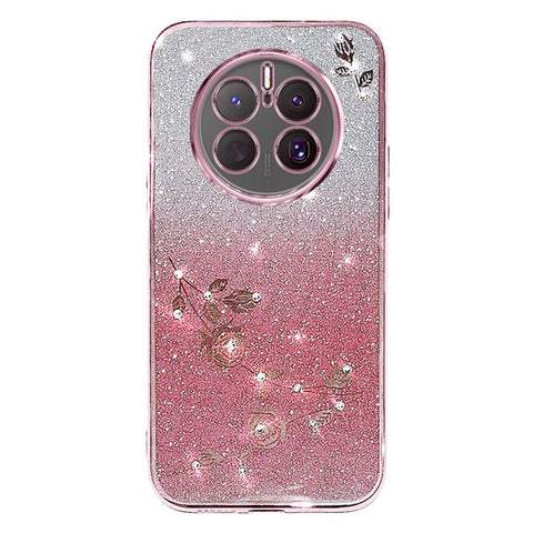 KADEM Flower Pattern Rhinestone Decor TPU Case for Huawei Mate 50 Pro 4G, Gradient Color Glitter Powder Cell Phone Cover