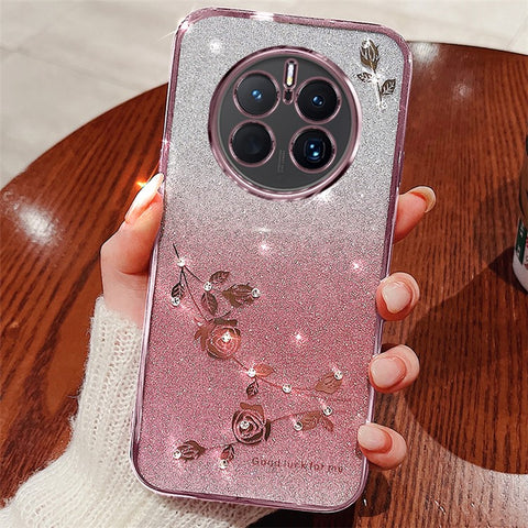 KADEM Flower Pattern Rhinestone Decor TPU Case for Huawei Mate 50 Pro 4G, Gradient Color Glitter Powder Cell Phone Cover