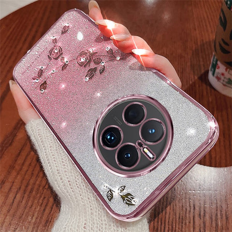 KADEM Flower Pattern Rhinestone Decor TPU Case for Huawei Mate 50 Pro 4G, Gradient Color Glitter Powder Cell Phone Cover