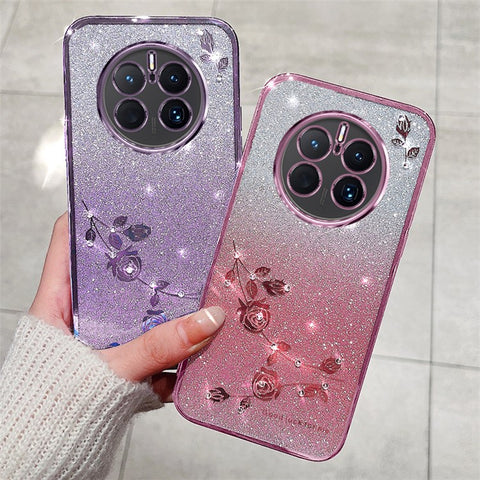 KADEM Flower Pattern Rhinestone Decor TPU Case for Huawei Mate 50 Pro 4G, Gradient Color Glitter Powder Cell Phone Cover