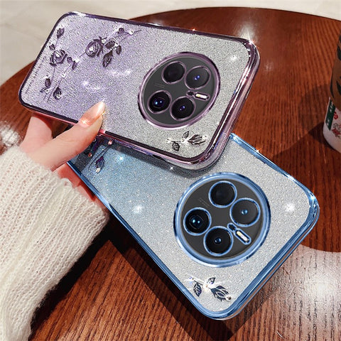 KADEM Flower Pattern Rhinestone Decor TPU Case for Huawei Mate 50 Pro 4G, Gradient Color Glitter Powder Cell Phone Cover