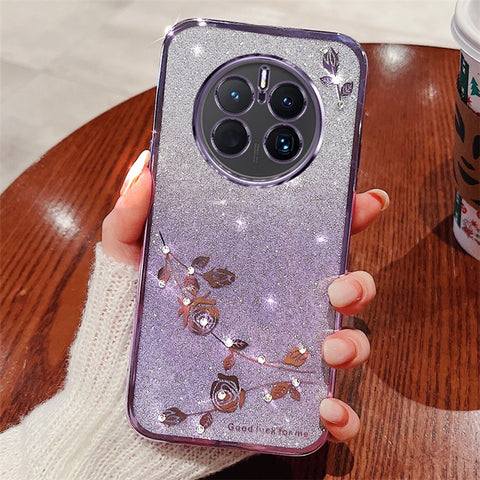 KADEM Flower Pattern Rhinestone Decor TPU Case for Huawei Mate 50 Pro 4G, Gradient Color Glitter Powder Cell Phone Cover